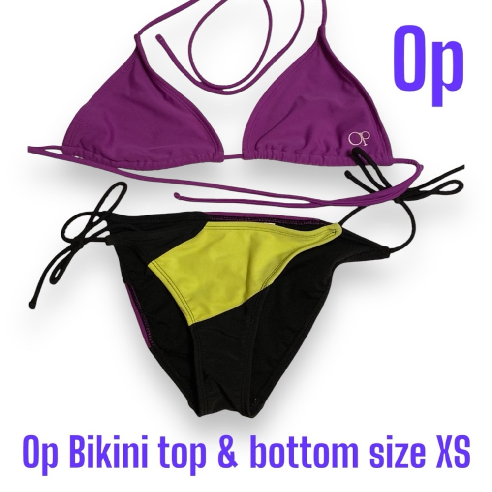 XS OP Triangle String Bikini Bottom Side Ties Neon Green Top Bottom set colorblk